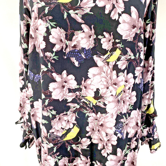 NEW H&M Size 4 Long Sleeve Dress Lilac Floral Print & Goldfinches Boho Casual - Picture 2 of 12